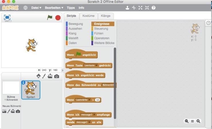 Startbildschirm Scratch 2, Screenshot Horst Sievert