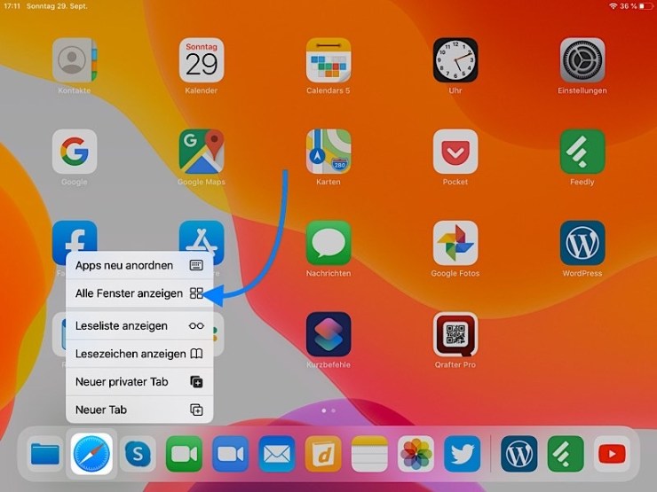 IPadOS Auswahl mehrer Fenster von einer App