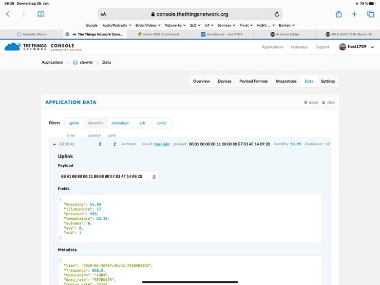 Daten des MKR WAN 1300 auf der Console von TTN