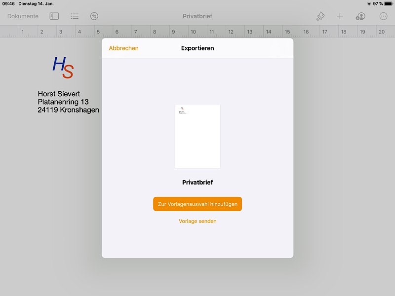 Vorlage in Pages sichern