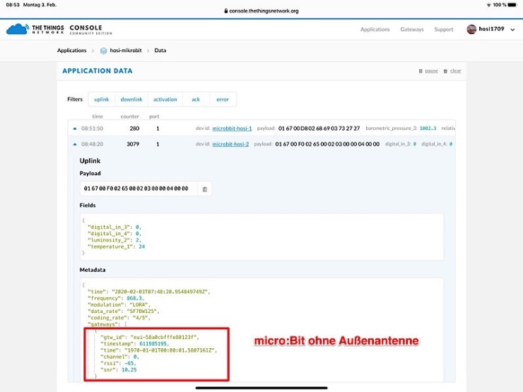 Messwerte für Übertragung ohne Außenantenne